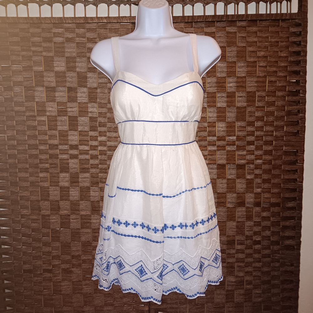 Elegant White and Blue Embroidered Dress